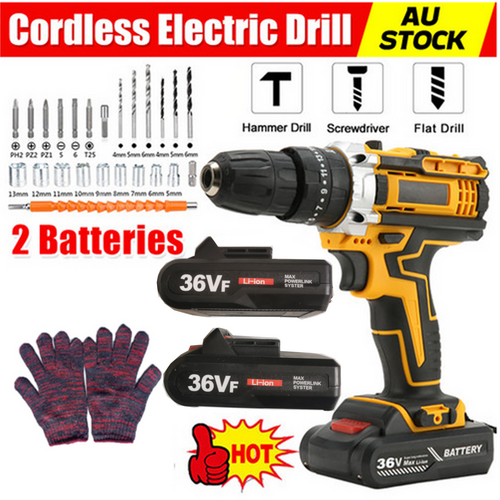 36VF BRUSHLESS HEAVY DUTY CORDLESS DRILL IMPACT DRIVER KIT HAMMER +2 BATTERY Box.