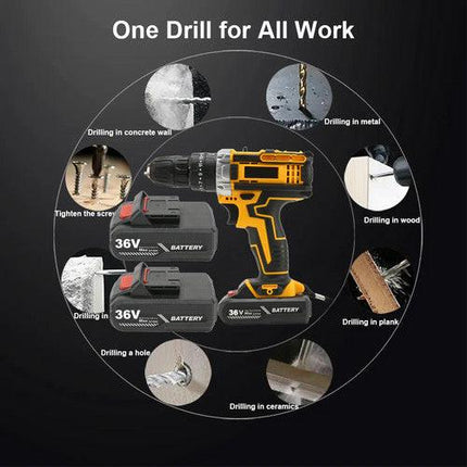 36VF BRUSHLESS HEAVY DUTY CORDLESS DRILL IMPACT DRIVER KIT HAMMER +2 BATTERY Box.