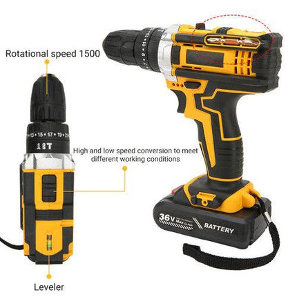 36VF BRUSHLESS HEAVY DUTY CORDLESS DRILL IMPACT DRIVER KIT HAMMER +2 BATTERY Box.
