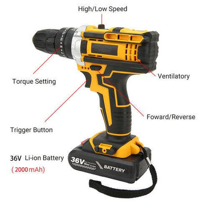 36VF BRUSHLESS HEAVY DUTY CORDLESS DRILL IMPACT DRIVER KIT HAMMER +2 BATTERY Box.