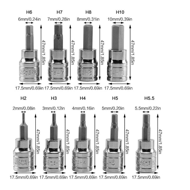 9pcs Allen Key Sockets Hex Bit Socket Set 3/8" Drive Drill Metric Tools 2-10mm.