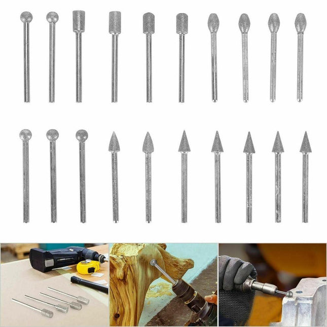 20pcs Diamond Grinding Heads Mini Drill Burrs Bit Set 3mm Shank for Rotary Tool.