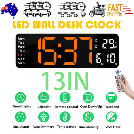 13" Orange Large Digital Big Jumbo LED Wall Desk Clock Display With Temperature Calendar.
