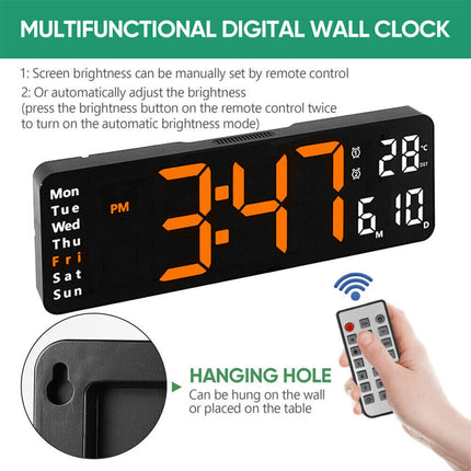 13" Orange Large Digital Big Jumbo LED Wall Desk Clock Display With Temperature Calendar.