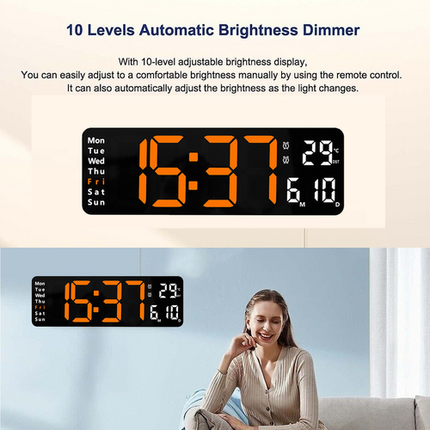 13" Orange Large Digital Big Jumbo LED Wall Desk Clock Display With Temperature Calendar.