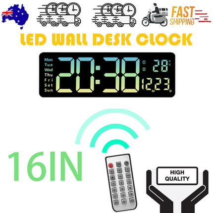 16" Green gradient color Large Digital Big Jumbo LED Wall Desk Clock Display With Temperature Calendar.