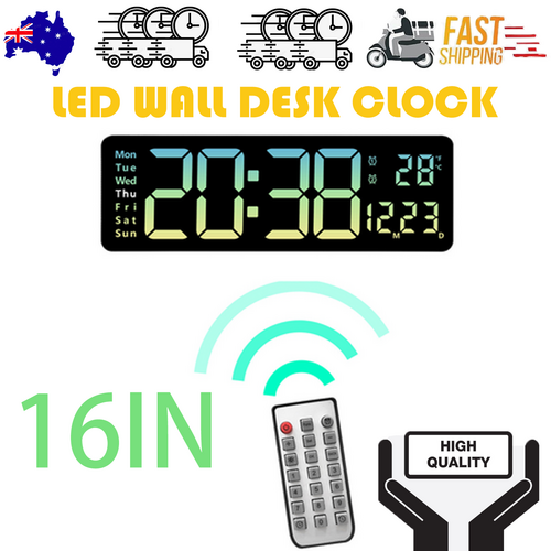 16" Green gradient color Large Digital Big Jumbo LED Wall Desk Clock Display With Temperature Calendar.