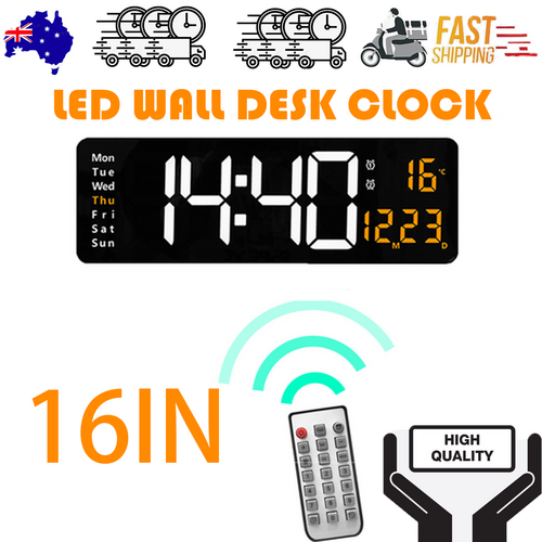 16" Orange Large Digital Big Jumbo LED Wall Desk Clock Display With Temperature Calendar.