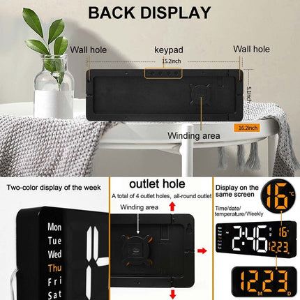 16" Orange Large Digital Big Jumbo LED Wall Desk Clock Display With Temperature Calendar.