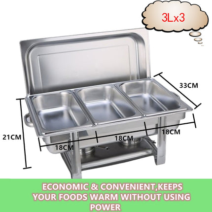 9L Chafing Dish Set Buffet Pan Bain Marie Bow Stainless Steel Food Warmer (3x3L).