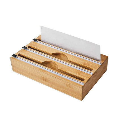3 Grids Bamboo Food Wrap Dispenser Cutter Foil Cling Film Storage Holder Box Kitchen.