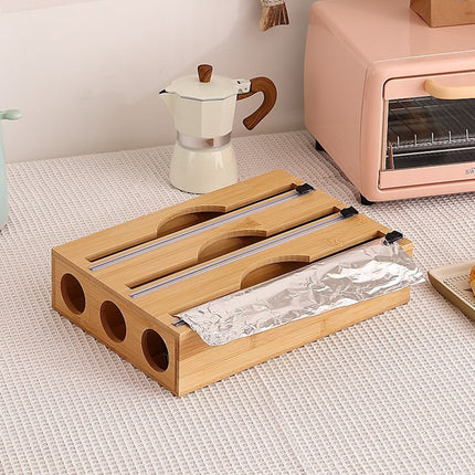 3 Grids Bamboo Food Wrap Dispenser Cutter Foil Cling Film Storage Holder Box Kitchen.