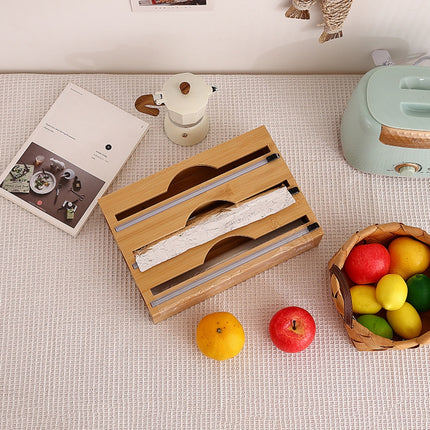 3 Grids Bamboo Food Wrap Dispenser Cutter Foil Cling Film Storage Holder Box Kitchen.