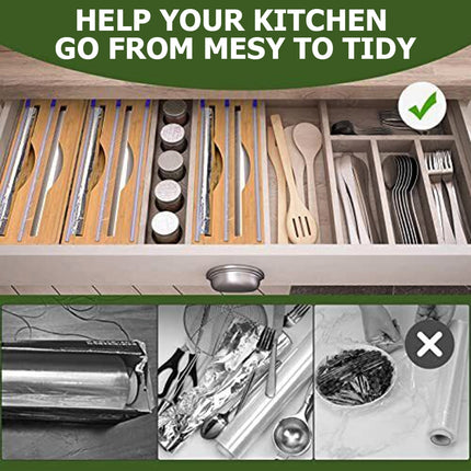 3 Grids Bamboo Food Wrap Dispenser Cutter Foil Cling Film Storage Holder Box Kitchen.