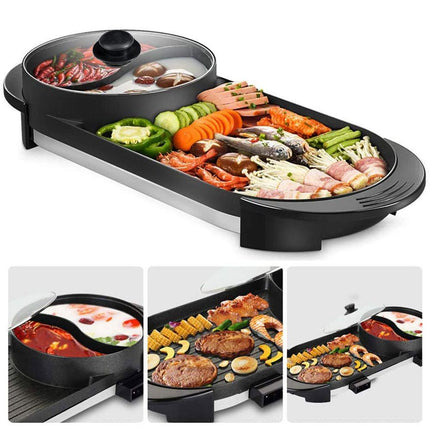 2-IN-1 Electric Hot Pot BBQ Oven Smokeless Non Stick Barbecue Hotpot Grill Pan.