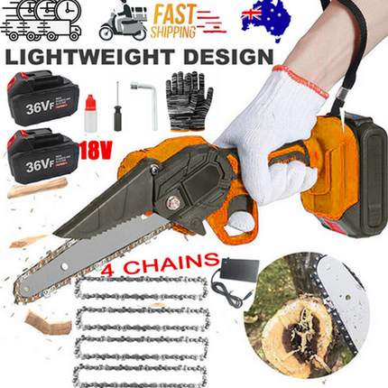 6" Mini Orange Cordless Electric Chainsaw 2X Battery-Powered Wood Cutter Rechargeable.