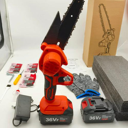 6" Mini Orange Cordless Electric Chainsaw 2X Battery-Powered Wood Cutter Rechargeable.
