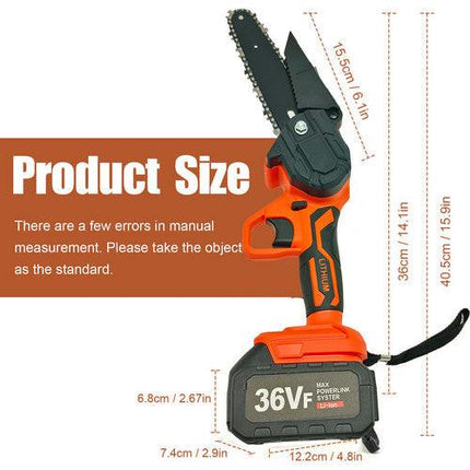 6" Mini Orange Cordless Electric Chainsaw 2X Battery-Powered Wood Cutter Rechargeable.
