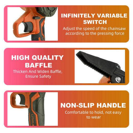 6" Mini Orange Cordless Electric Chainsaw 2X Battery-Powered Wood Cutter Rechargeable.