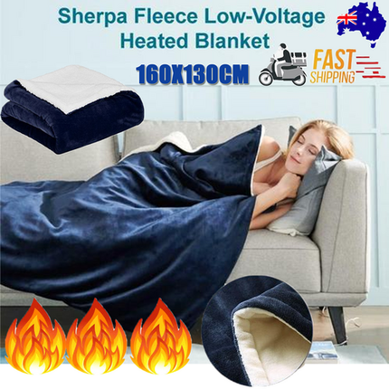 Double-side Flannel Heated Electric Throw Rug Blanket Fast Heating Warm Washable BLUE.