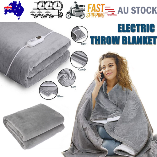Double-side Flannel Heated Electric Throw Rug Blanket Fast Heating Warm Washable GREY.