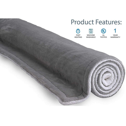 Double-side Flannel Heated Electric Throw Rug Blanket Fast Heating Warm Washable GREY.