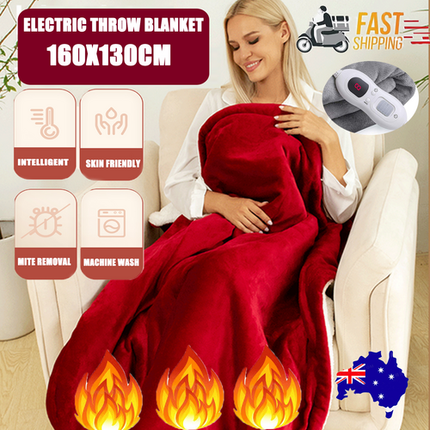 Double-side Flannel Heated Electric Throw Rug Blanket Fast Heating Warm Washable RED.