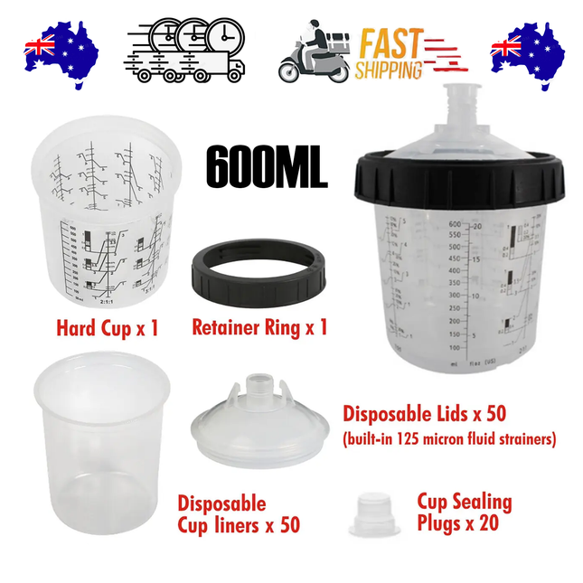 50 Sets Paint Spray Gun Cup Lids Liners Kit with Micron Filter  600ML Clear.