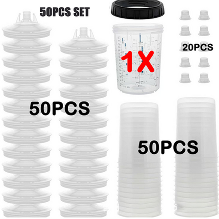 50 Sets Paint Spray Gun Cup Lids Liners Kit with Micron Filter  600ML Clear.