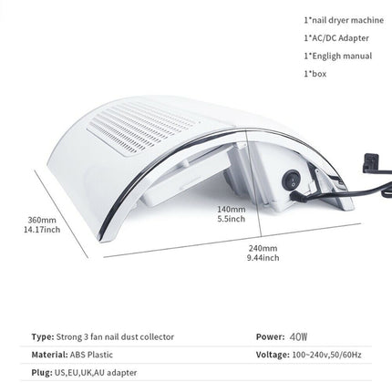 Nail Dust Collector Remover Fan Vacuum Cleaner 3 Fan Suction Manicure Machine.