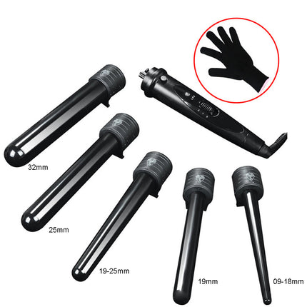 5 in 1 Hair Curler Wand Set Ceramic Styling Curling Iron Roller Barrel LED+Glove.