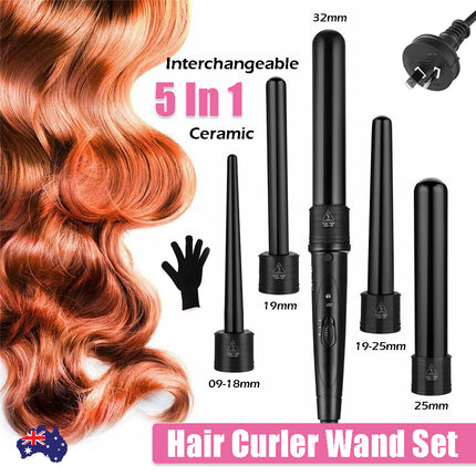 5 in 1 Hair Curler Wand Set Ceramic Styling Curling Iron Roller Barrel LED+Glove.