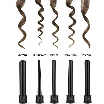 5 in 1 Hair Curler Wand Set Ceramic Styling Curling Iron Roller Barrel LED+Glove.