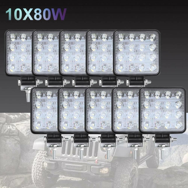10PCS 80W CREE FLOOD LED Work Lights 12V Boat Camping Square 4inch Bar.