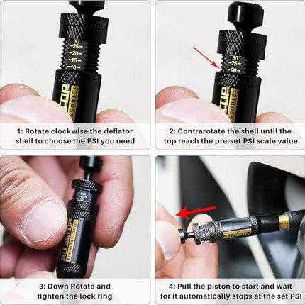Adjustable Auto-Stop Tire Deflator Valve Kit 10-30 PSI 4PCS Screw-on for Offroad.