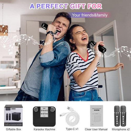 Black Karaoke Machine with 2 Wireless Microphones Bluetooth-Compatible 5.0 for Parties.