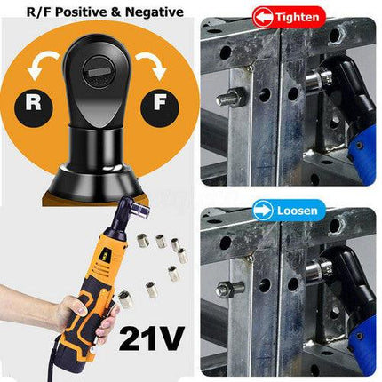 21V 3/8'' 100N.m Electric Right Angle Ratchet Wrench Charger+ 2 Battery.
