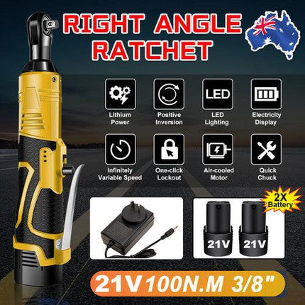 21V 3/8'' 100N.m Electric Right Angle Ratchet Wrench Charger+ 2 Battery.