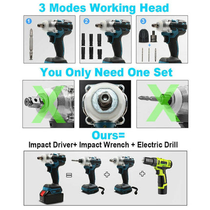 Cordless Electric Impact Wrench Brushless Rattle Gun 1/2" Driver +Large Battery.