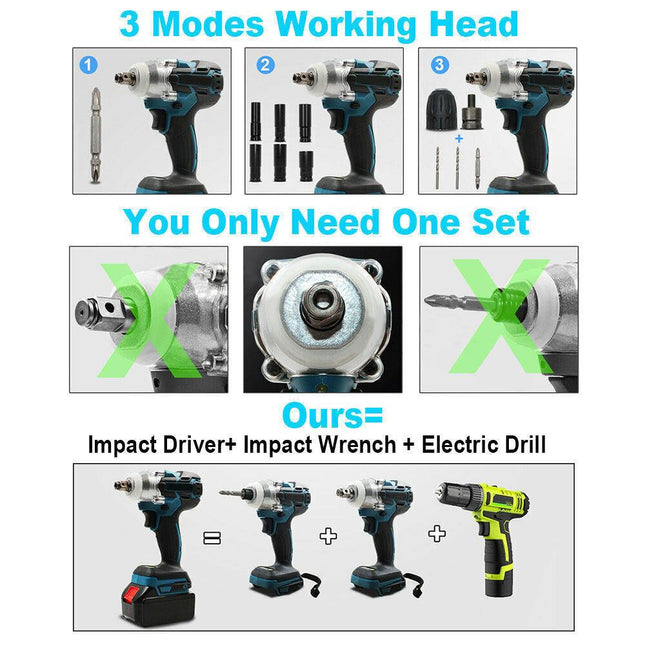 Cordless Electric Impact Wrench Brushless Rattle Gun 1/2" Driver +Large Battery.