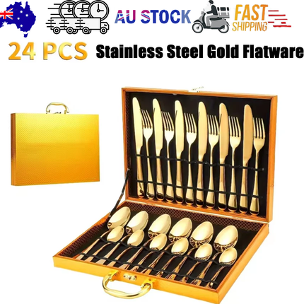 24pc Elegant Stainless Steel Gold Flatware Set Classic Knife Fork Spoon Gift Set.