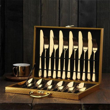 24pc Elegant Stainless Steel Gold Flatware Set Classic Knife Fork Spoon Gift Set.