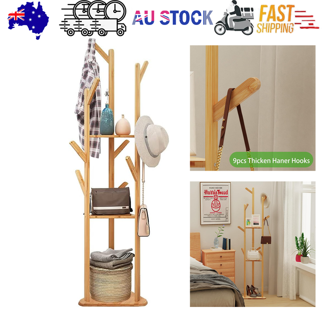 Clothes Garment Coat Rack Stand Bamboo Hanger Bag Hat Hook Holder Tree Shelf AU.