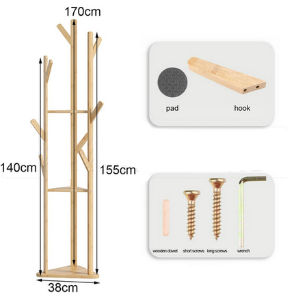 Clothes Garment Coat Rack Stand Bamboo Hanger Bag Hat Hook Holder Tree Shelf AU.