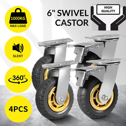 4X 6" / 150mm Heavy Duty Swivel Caster Wheels Castor 1000KG Load,2 with Brakes.