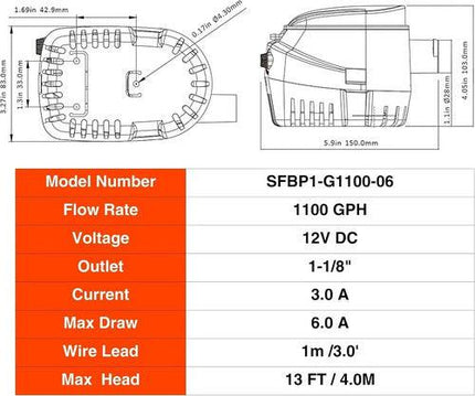 SEAFLO 12V 1100GPH Automatic Bilge Pump Marine Boat Auto Submersible Pump.