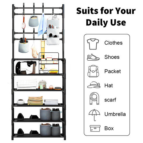 Shoe Rack Storage Cabinet Coat Hat Stand Metal Shelves 12 Pairs Black 60CM.
