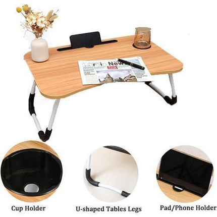 Wood Laptop Stand Table Foldable Desk Computer Study Bed Adjustable Cup Slot Tray.