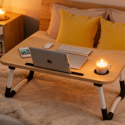 Light Wood Laptop Stand Table Foldable Desk Computer Study Bed Adjustable Cup Slot Tray.