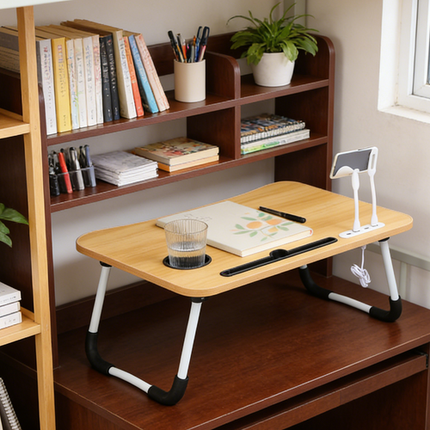 Wood Laptop Stand Table Foldable Desk Computer Study Bed Adjustable Cup Slot Tray/linght and Fan.